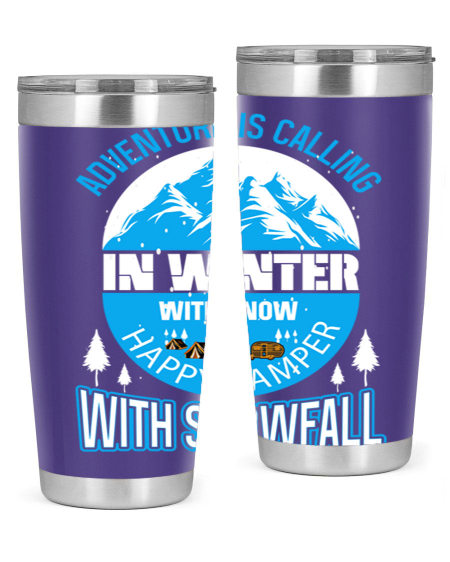 Camping Winter 39# Tumbler in stainless steel with a drink-thru lid, showcasing its sleek design and double wall insulation.